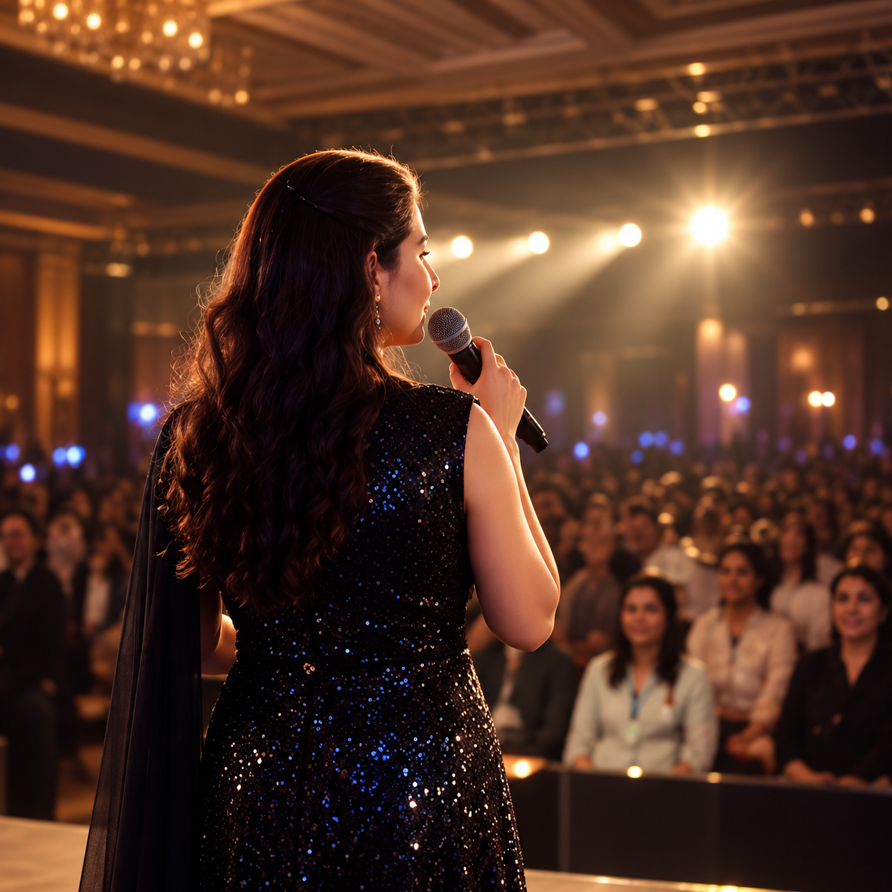 Professional event host engaging a live audience on stage in India